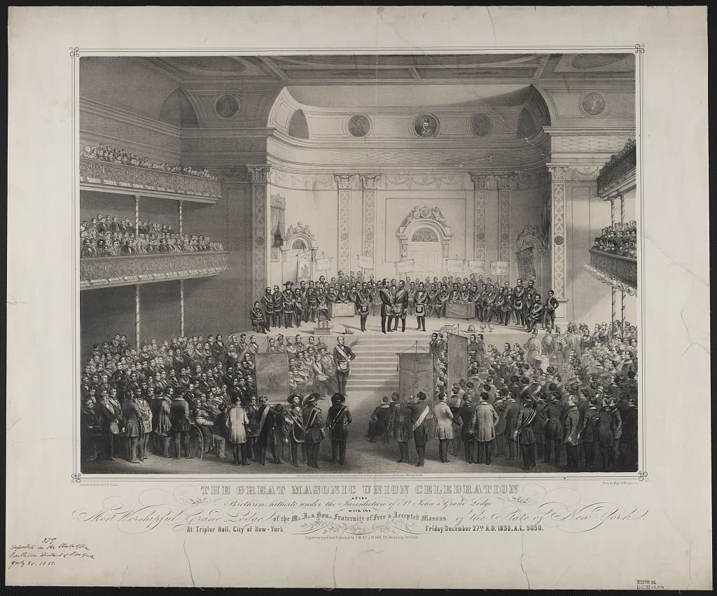 Charles Crehen's lithograph of the Grand Masonic Union at Tripler Hall, 1850, where the lodge reunited with the Grand Lodge of New York.